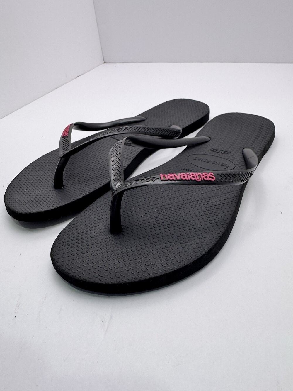 Havaianas Slim Logo Flip Flops Black Neon Pink Women’s Size 11/12 Sandals